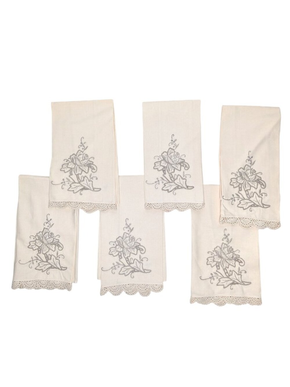 Vintage Set of 6 Embroidered Fabric Napkins Crochet Lace Floral Table Linens